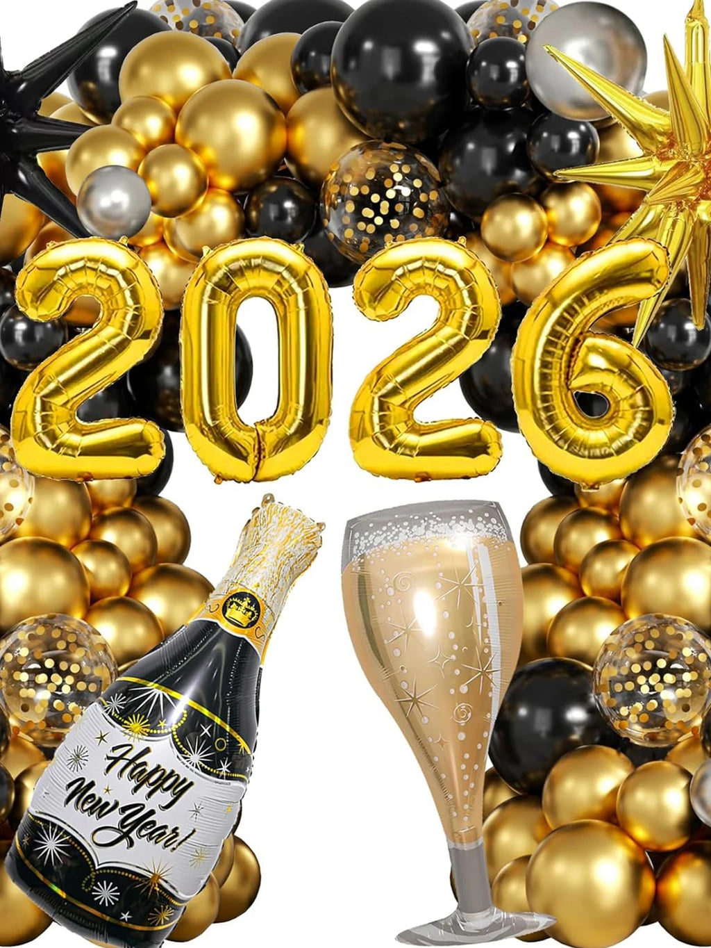 120-Piece Black & Gold Party Balloon Decoration Set with Star Bottle Balloon – Elegant New Year 2026 Celebration Kit