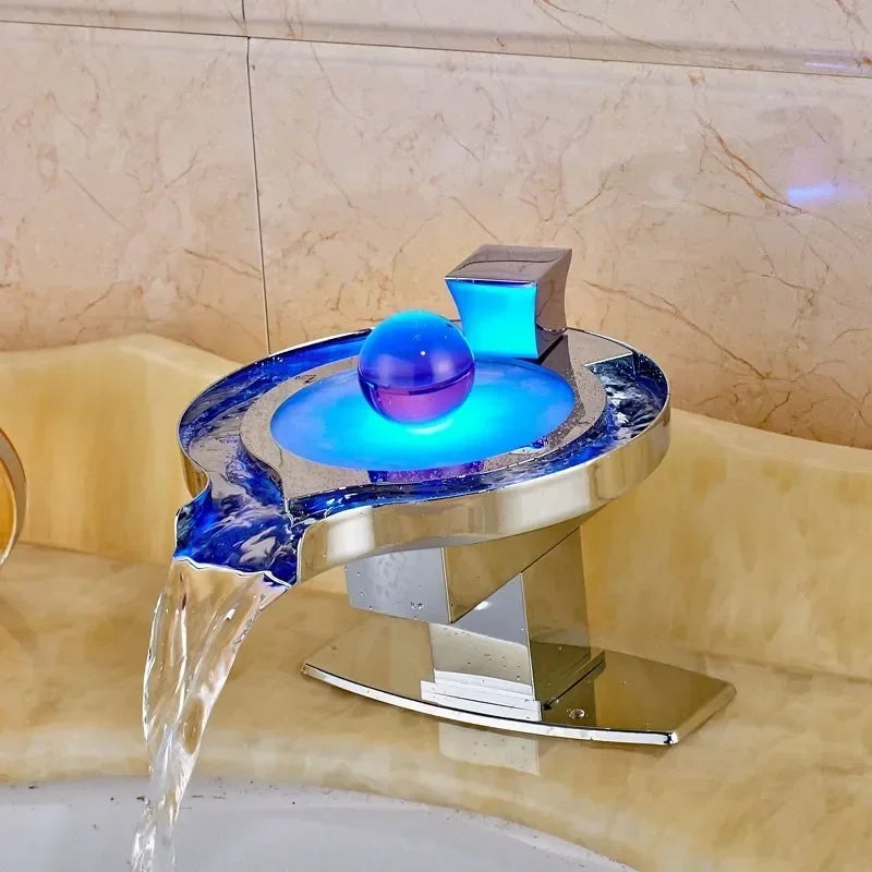 Color-Changing LED Waterfall Bathroom Faucet – Temperature-Sensitive Sink Tap