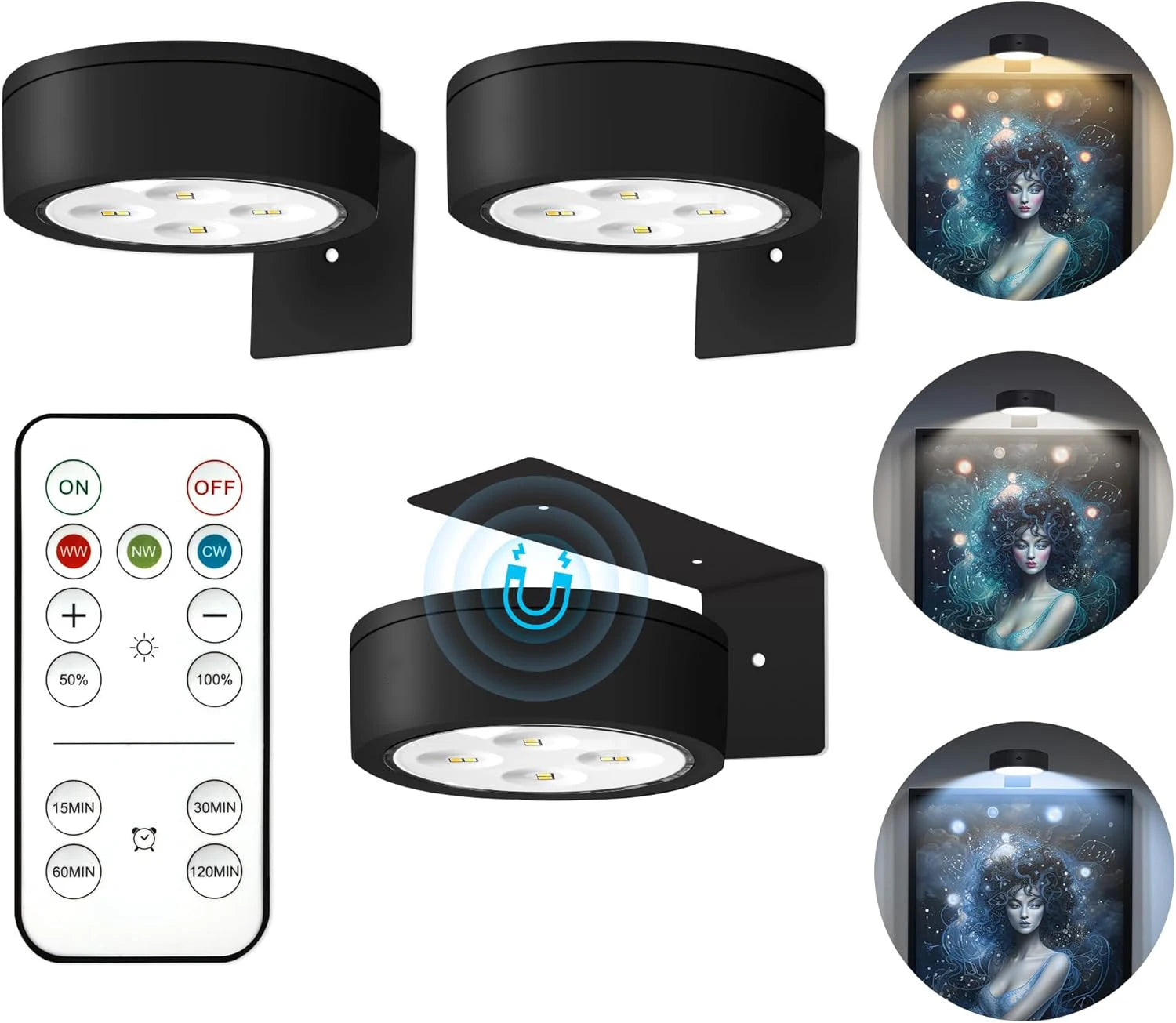 Magnetic LED Picture Lights (3-Pack) – Remote Control, Dimmable, Timer