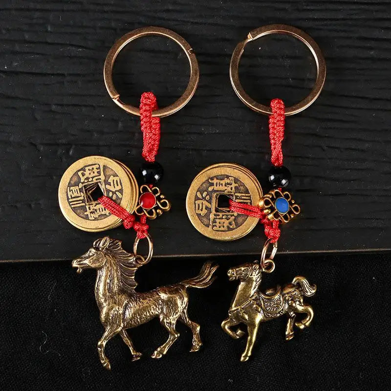 Zodiac Horse Lucky Keychain – Copper Feng Shui Prosperity Pendant, Unisex Bag & Key Ring Gift