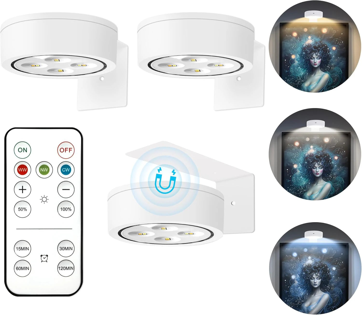 Magnetic LED Picture Lights (3-Pack) – Remote Control, Dimmable, Timer