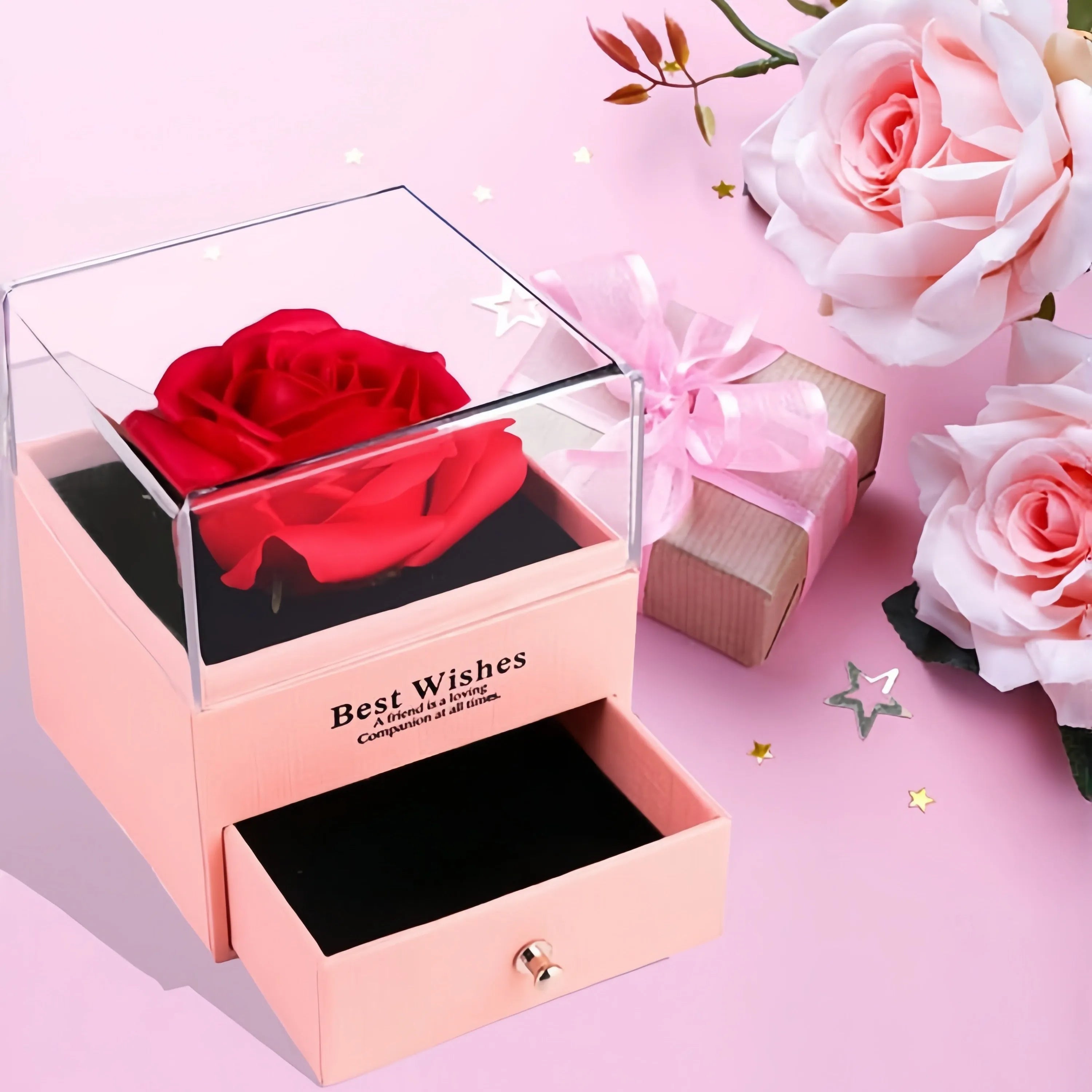 Preserved Red Rose with “I Love You” Necklace – 100 Languages Eternal Flower Gift
