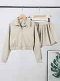 Women’s 2-Piece Chic Set – Lapel Collar Bomber Jacket & Zipper Short Pants Casual Outfit