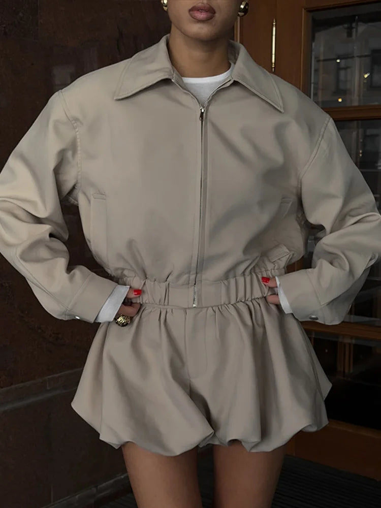 Women’s 2-Piece Chic Set – Lapel Collar Bomber Jacket & Zipper Short Pants Casual Outfit