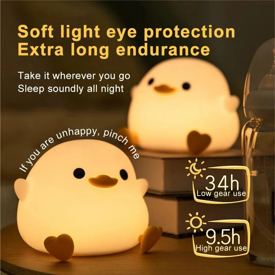 🦆 Cute Duck LED Night Light – Silicone Cartoon Animal Lamp with 7-Color Touch Control, Timer & USB Rechargeable