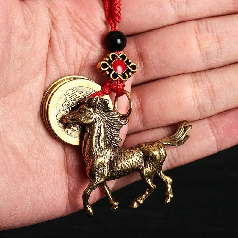 Zodiac Horse Lucky Keychain – Copper Feng Shui Prosperity Pendant, Unisex Bag & Key Ring Gift