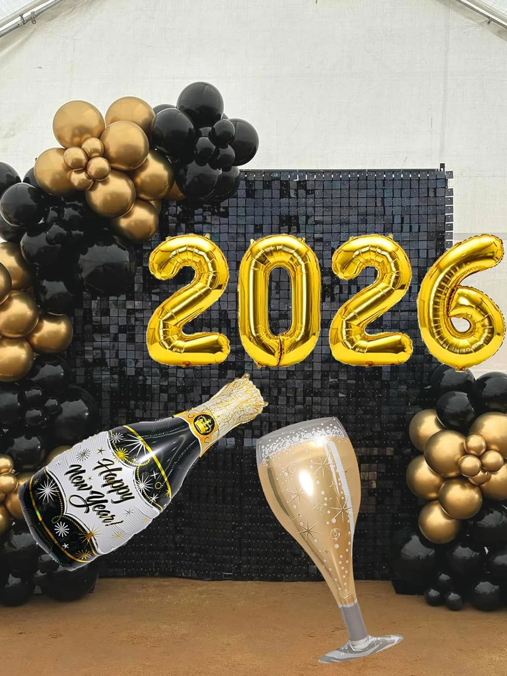 120-Piece Black & Gold Party Balloon Decoration Set with Star Bottle Balloon – Elegant New Year 2026 Celebration Kit