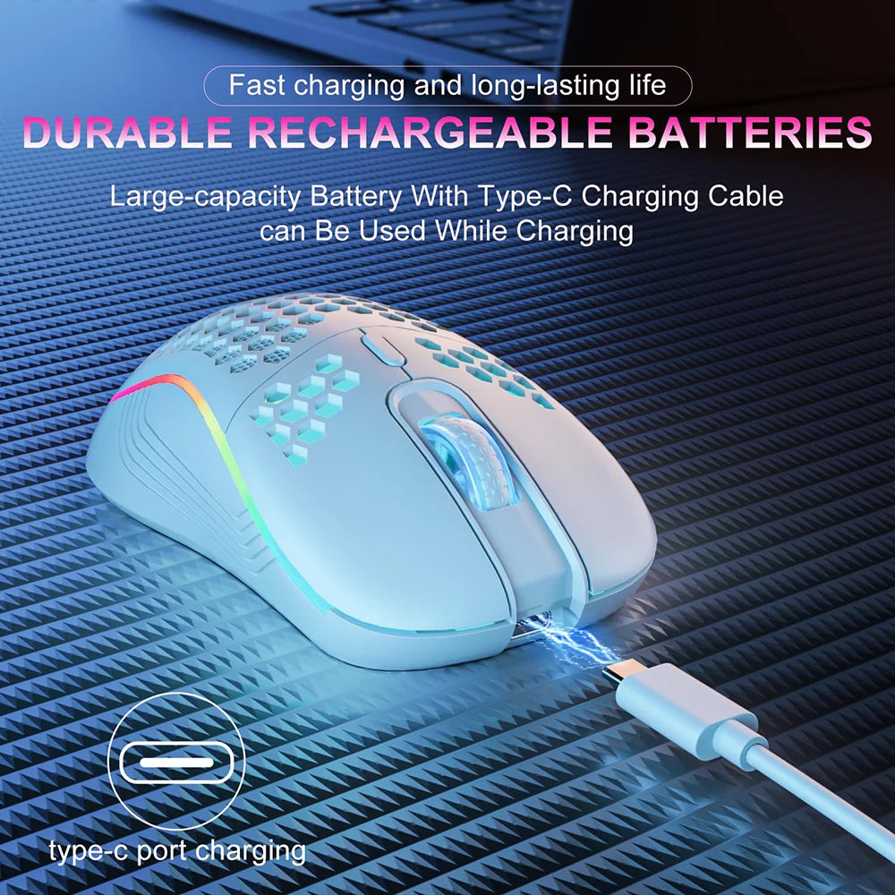2.4G Wireless RGB Gaming Mouse – Rechargeable Ergonomic Honeycomb Design