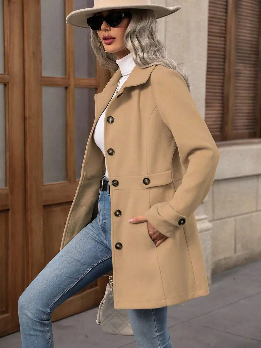 Autumn/Winter Women’s Mid-Length Wool Blazer – Loose-Fit Notched Lapel Single-Breasted Chic Coat