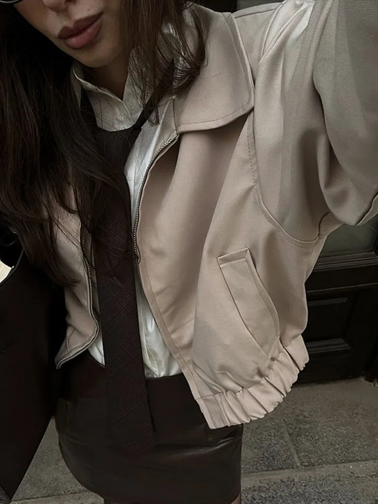 Women’s 2-Piece Chic Set – Lapel Collar Bomber Jacket & Zipper Short Pants Casual Outfit