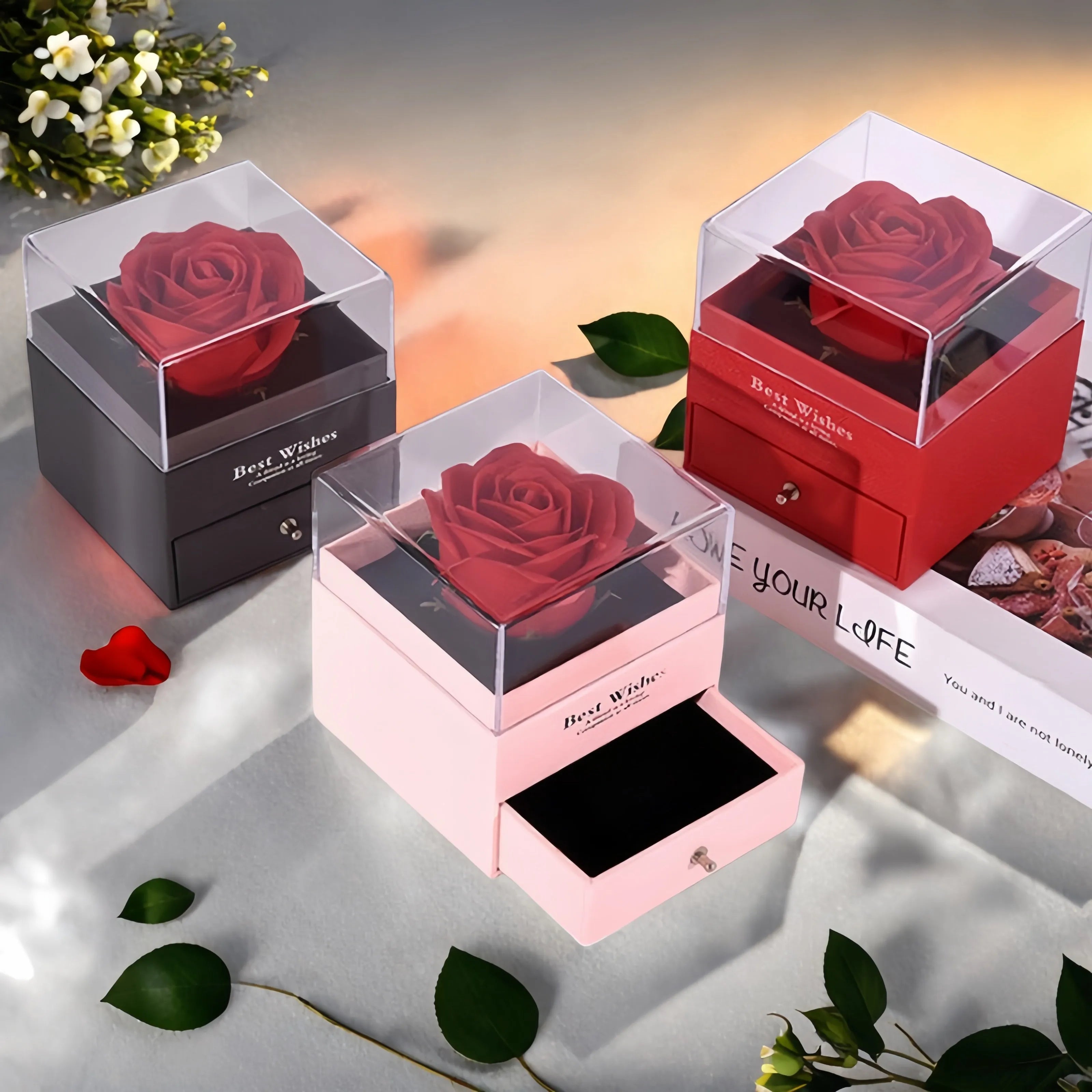 Preserved Red Rose with “I Love You” Necklace – 100 Languages Eternal Flower Gift