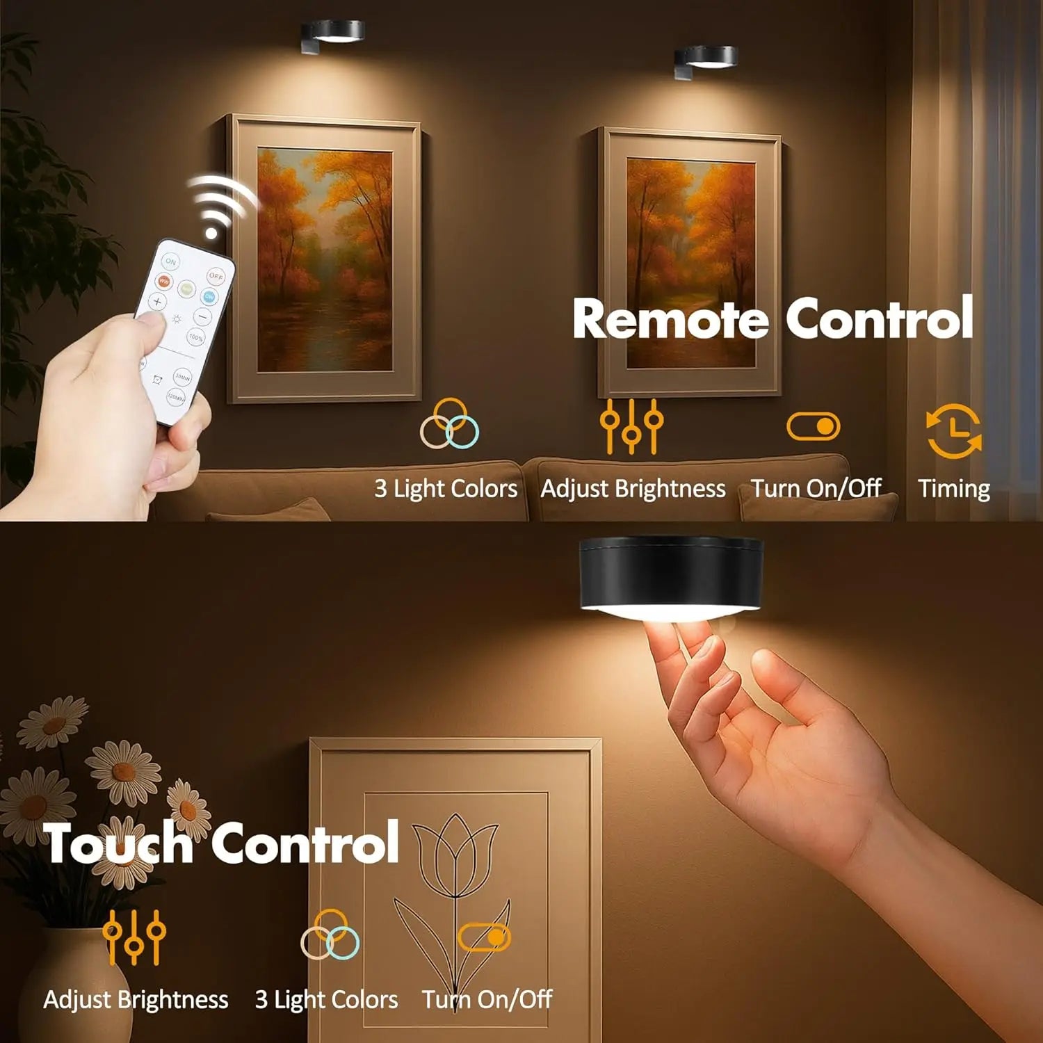 Magnetic LED Picture Lights (3-Pack) – Remote Control, Dimmable, Timer