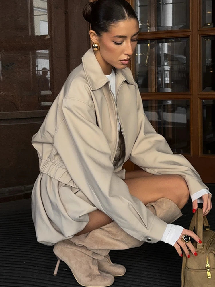 Women’s 2-Piece Chic Set – Lapel Collar Bomber Jacket & Zipper Short Pants Casual Outfit