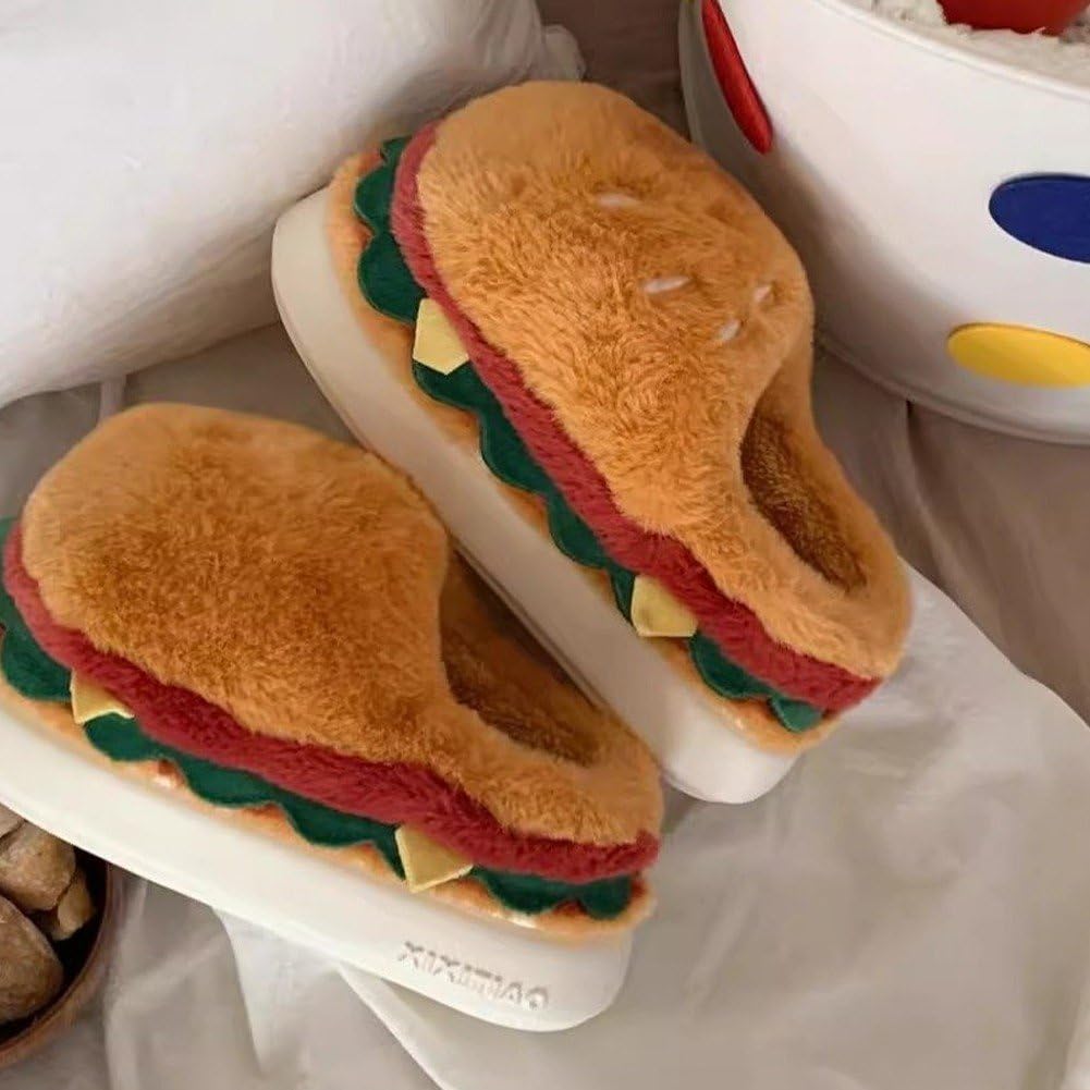 Cute Hamburger Slippers – Unisex Cozy Fleece-Lined Winter Slides