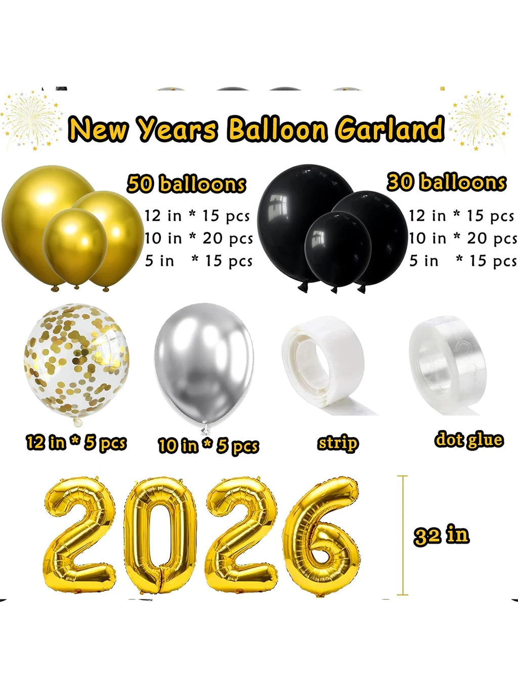 120-Piece Black & Gold Party Balloon Decoration Set with Star Bottle Balloon – Elegant New Year 2026 Celebration Kit