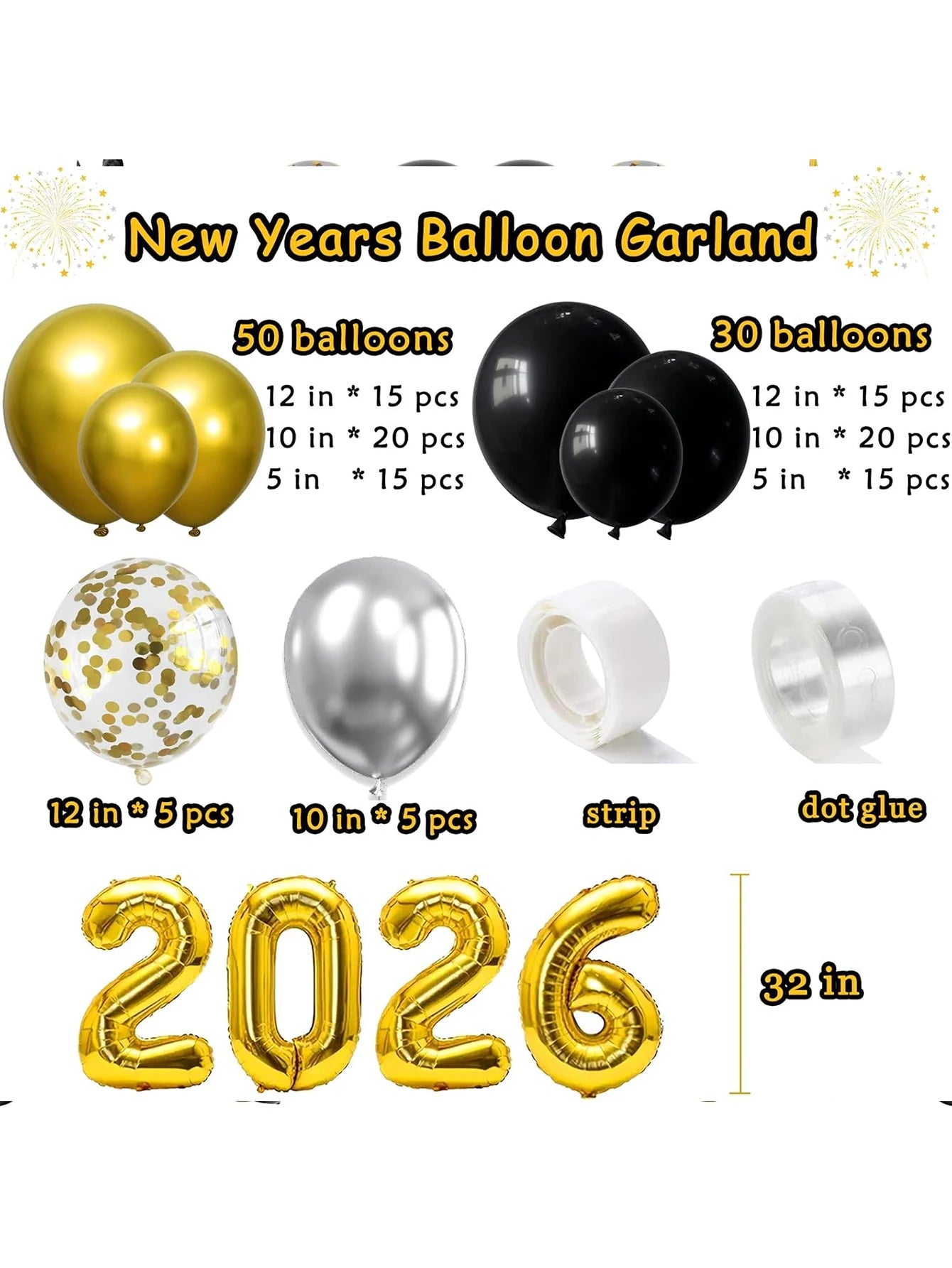 120-Piece Black & Gold Party Balloon Decoration Set with Star Bottle Balloon – Elegant New Year 2026 Celebration Kit