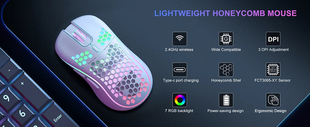 2.4G Wireless RGB Gaming Mouse – Rechargeable Ergonomic Honeycomb Design