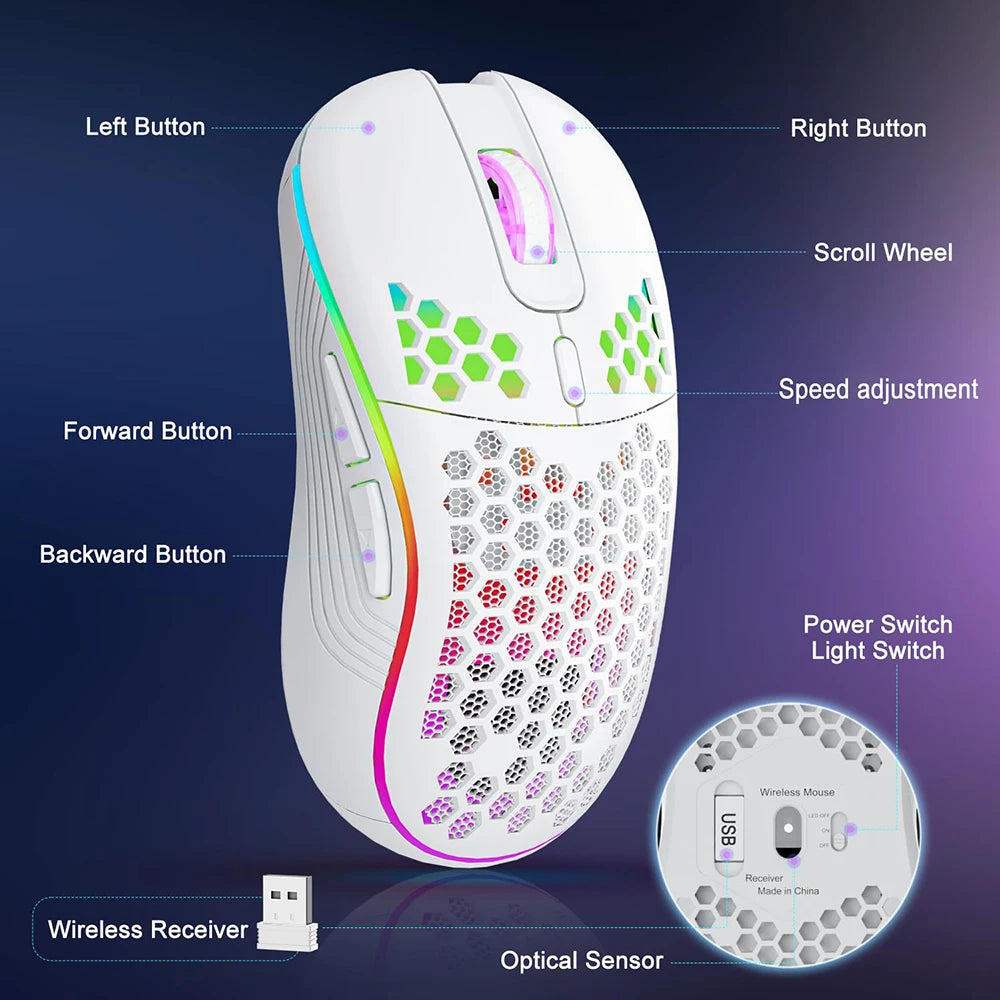 2.4G Wireless RGB Gaming Mouse – Rechargeable Ergonomic Honeycomb Design
