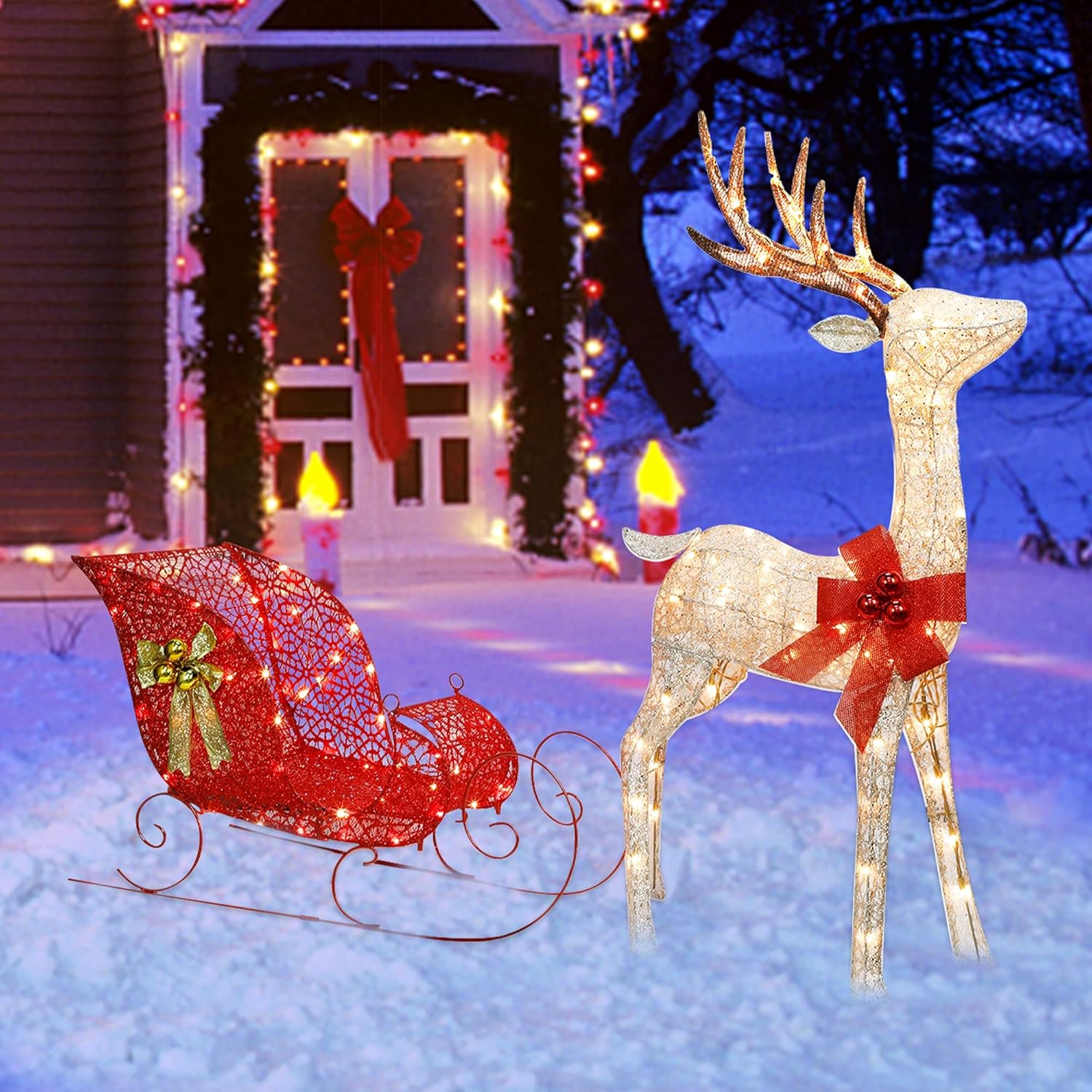 Illuminated Christmas Reindeer & Sleigh Set – Premium Outdoor Yard Décor with Bright LED Lights & Stakes