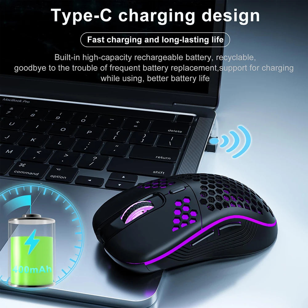 2.4G Wireless RGB Gaming Mouse – Rechargeable Ergonomic Honeycomb Design