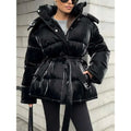 ❄️Winter Women’s Elegant Shiny Cotton Coat – Thick Hooded Jacket with Detachable Zipper & Lace-Up Design