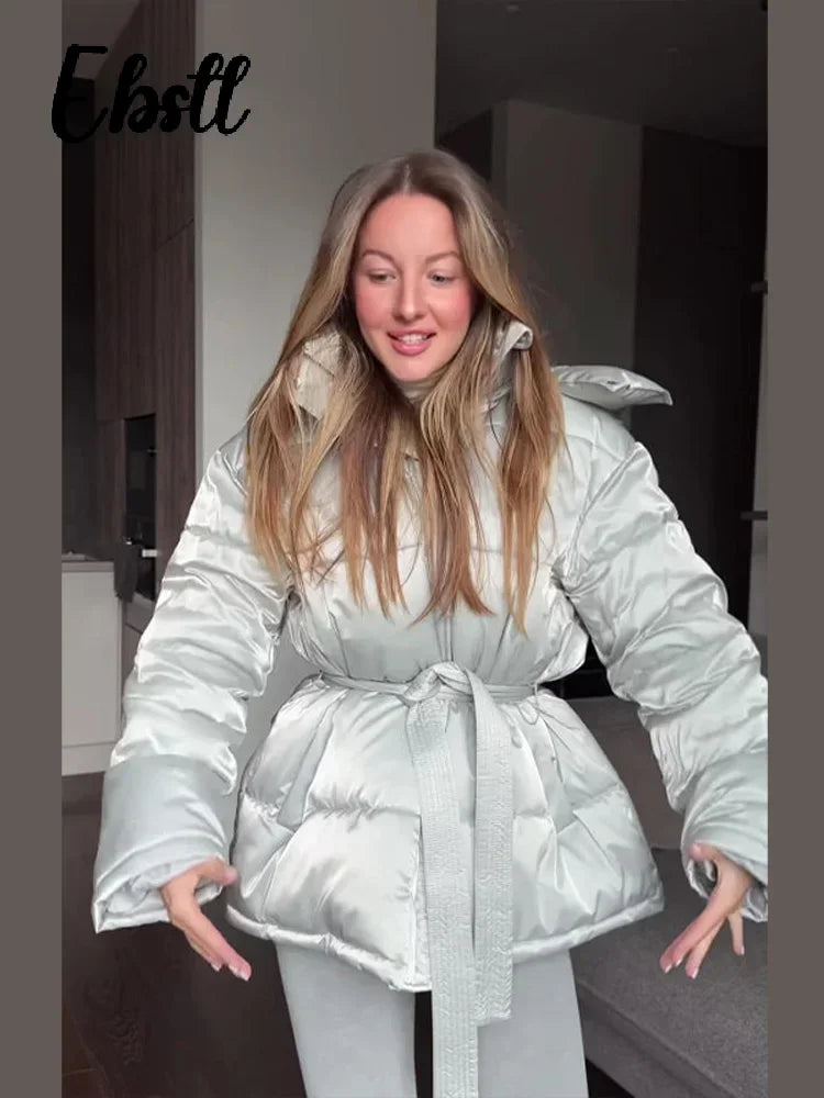 ❄️Winter Women’s Elegant Shiny Cotton Coat – Thick Hooded Jacket with Detachable Zipper & Lace-Up Design