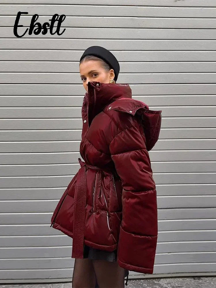❄️Winter Women’s Elegant Shiny Cotton Coat – Thick Hooded Jacket with Detachable Zipper & Lace-Up Design