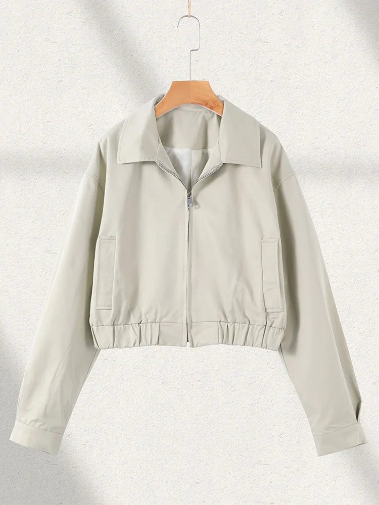 Women’s 2-Piece Chic Set – Lapel Collar Bomber Jacket & Zipper Short Pants Casual Outfit