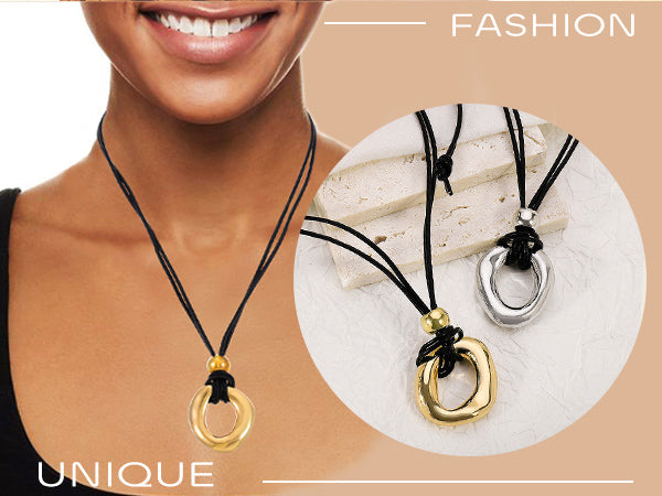 Vintage Irregular Geometry Pendant Necklace for Women – Hollow Design with Black Rope Chain, 2026 Trend Jewelry