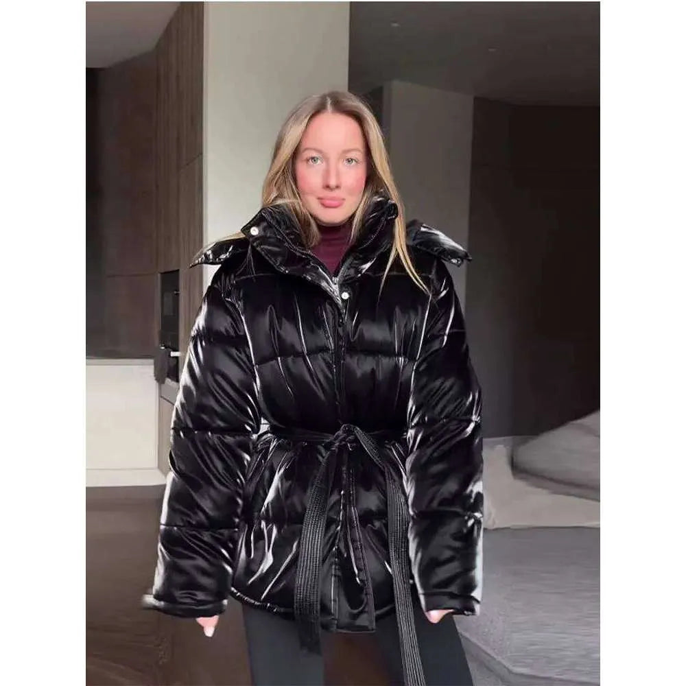 ❄️Winter Women’s Elegant Shiny Cotton Coat – Thick Hooded Jacket with Detachable Zipper & Lace-Up Design