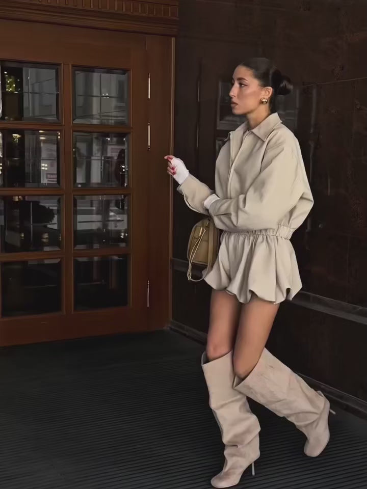 Women’s 2-Piece Chic Set – Lapel Collar Bomber Jacket & Zipper Short Pants Casual Outfit